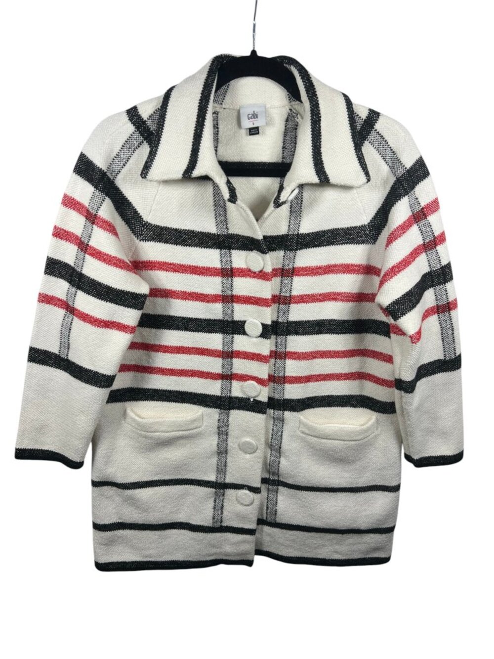 Cabi Jacket Womens Small Executive Button Front Mid Length Preppy White Plaid